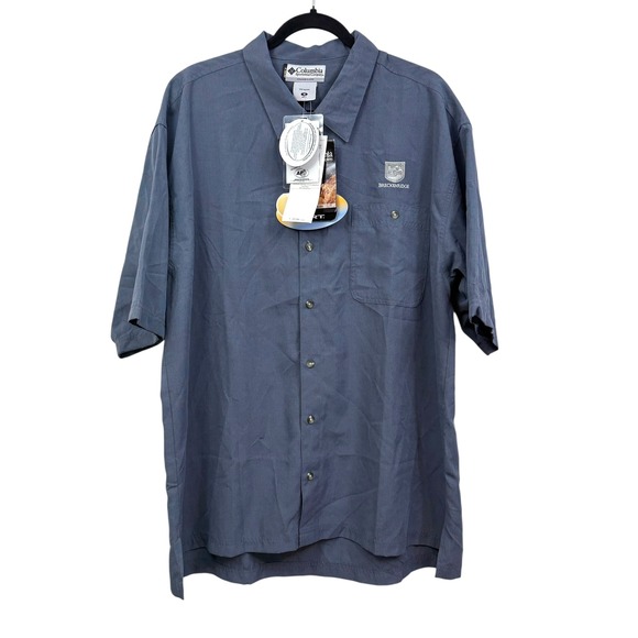 Columbia Mens Button Up Shirt Short Sleeve Breckenridge Logo Outdoor Slate Sz M - Picture 1 of 7